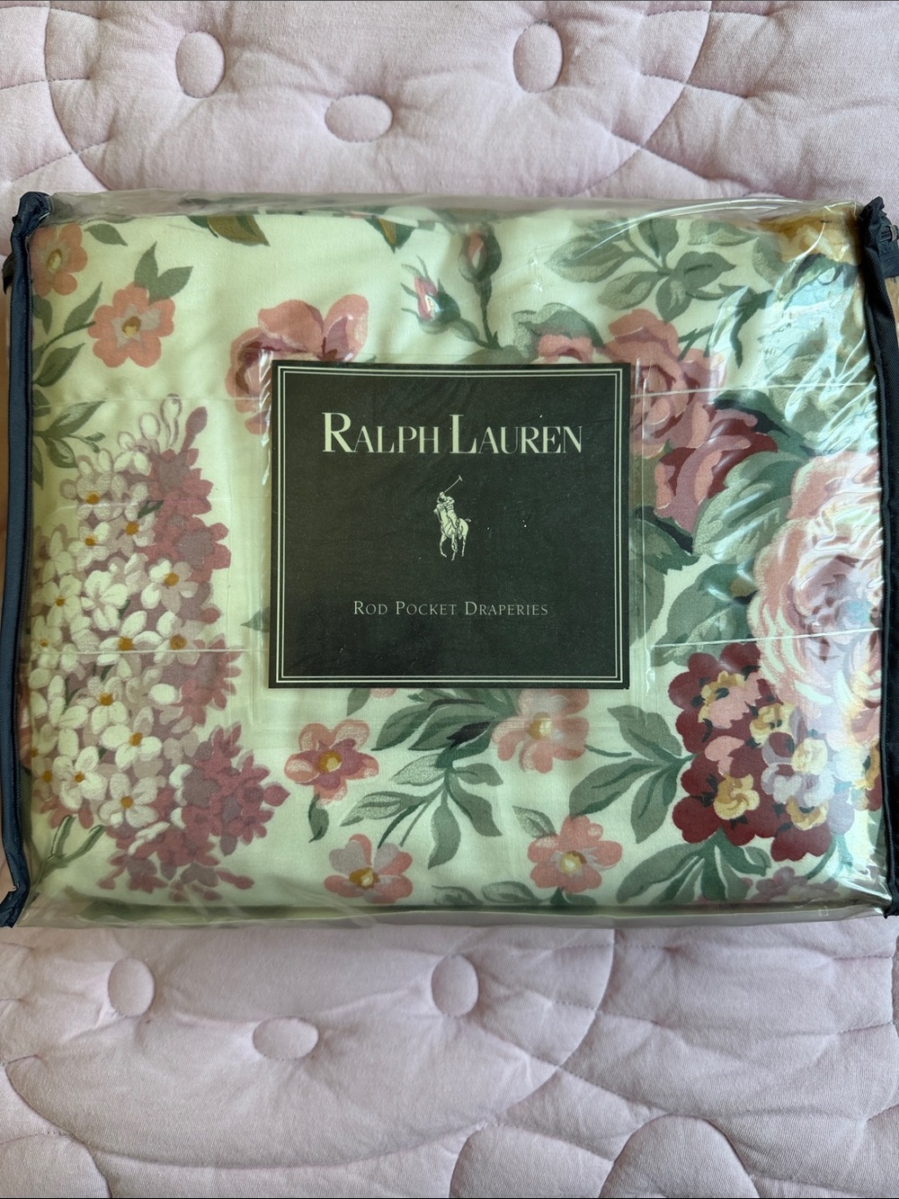 Ralph Lauren Cream Floral Rod Pocket Draperies with Pink and Green Accents